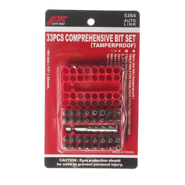 Набор бит 1/4" TORX, HEX, SPANNER с магнитным держателем 33 предмета в боксе JTC